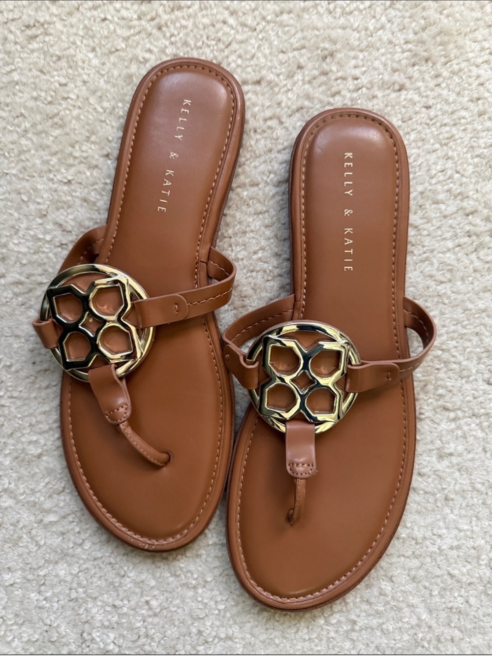 Kelly & Katie Tan Leather Thong Sandals with Gold Medallion